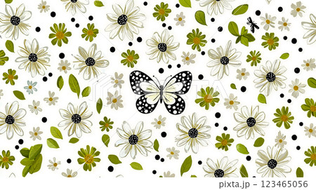 A pattern of white flowers and a black and white butterfly A pattern of white flowers and a black and white butterfly 123465056