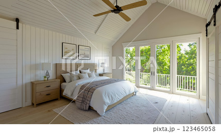 A bedroom with a bed dresser and a ceiling fan in it A bedroom with a bed dresser and a ceiling fan in it 123465058
