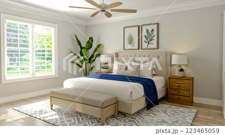 A bedroom with a bed nightstands and a bench in it A bedroom with a bed nightstands and a bench in it 123465059