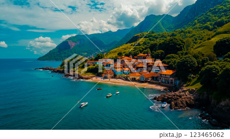 A view of a small town on a small island in the middle of the ocean 123465062