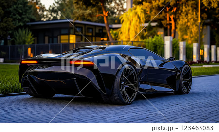 A black sports car parked in front of a building A black sports car parked in front of a building 123465083