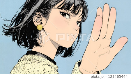 手のひらを相手に向けて見せるジェスチャーをして拒否の意思を表している若い女性