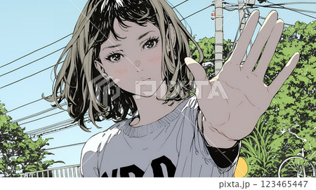 手のひらを相手に向けて見せるジェスチャーをして拒否の意思を表している若い女性