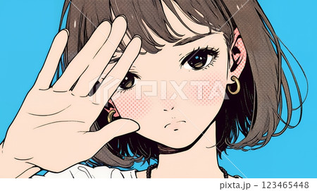 手のひらを相手に向けて見せるジェスチャーをして拒否の意思を表している若い女性