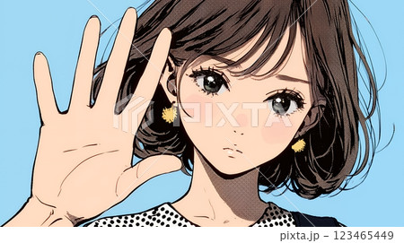 手のひらを相手に向けて見せるジェスチャーをして拒否の意思を表している若い女性