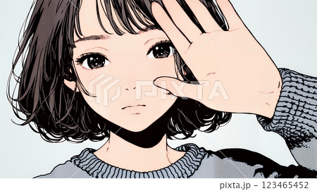 手のひらを相手に向けて見せるジェスチャーをして拒否の意思を表している若い女性