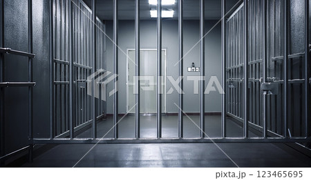 Background prison interior. Jail cells modern with gray doors. Behind bars In jail, dark. detailed illustration 123465695