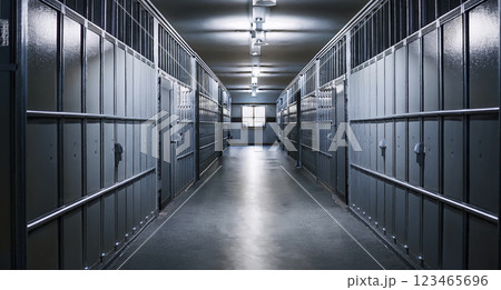 Background prison interior. Jail cells modern with gray doors. Behind bars In jail, dark. detailed illustration 123465696