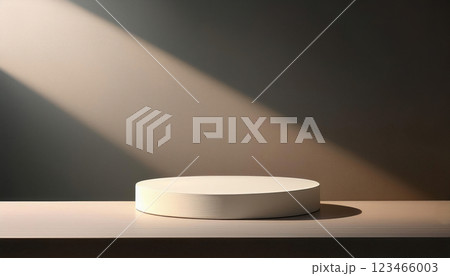 3d rendering white podium platform for social media cosmetic product showcase on geometric cylinder shapes and dark grey background in natural sunlight for sea concept 123466003