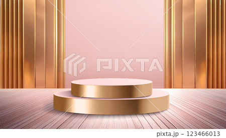 3d rendering pink and gold podium platform for social media cosmetic product showcase on geometric cylinder shapes in sparkle light with curtain wall on wooden floor 123466013