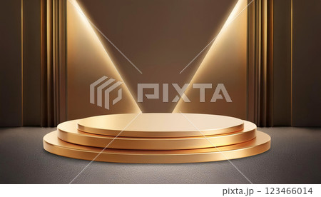 3d rendering golden podium platform for social media cosmetic product showcase on geometric cylinder shapes in sparkle light with curtain wall on dark floor. Hitech and technology concept 3d rendering golden podium platform for social media cosmetic product showcase on geometric cylinder shapes in sparkle light with curtain wall on dark floor. Hitech and technology concept 123466014