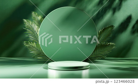 3d rendering green podium platform for social media cosmetic product showcase on geometric cylinder shapes and glass mirror background in natural sunlight with palm leaf. Christmas holiday 3d rendering green podium platform for social media cosmetic product showcase on geometric cylinder shapes and glass mirror background in natural sunlight with palm leaf. Christmas holiday 123466028