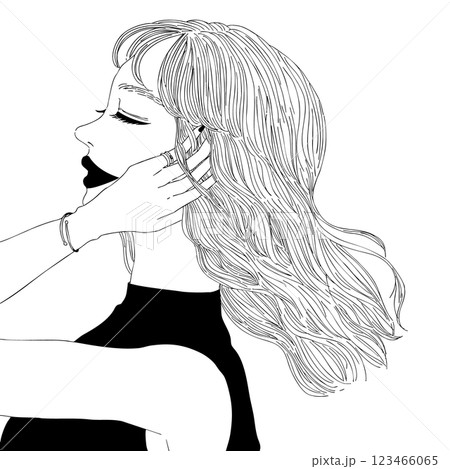 髪の毛がサラサラのモノクロ線画の女性・雑誌・デザイン・お洒落 髪の毛がサラサラのモノクロ線画の女性・雑誌・デザイン・お洒落 123466065