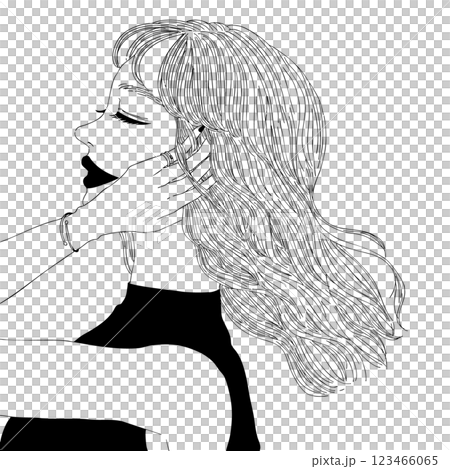 髪の毛がサラサラのモノクロ線画の女性・雑誌・デザイン・お洒落 髪の毛がサラサラのモノクロ線画の女性・雑誌・デザイン・お洒落 123466065