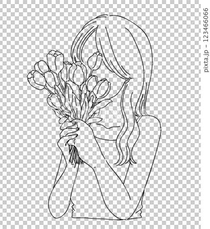 拿著鬱金香的女孩的線條畫插圖,時尚,標籤設計,卡片設計 拿著鬱金香的女孩的線條畫插圖,時尚,標籤設計,卡片設計 123466066