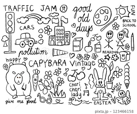 Hand drawn crayon outline illustrations of rainbow, traffic light, car, buildings, watercolour, paint brush, milk box, capybara, bunny, duck, carrot, cherry, flowers, butterfly, ice cream cone, bread Hand drawn crayon outline illustrations of rainbow, traffic light, car, buildings, watercolour, paint brush, milk box, capybara, bunny, duck, carrot, cherry, flowers, butterfly, ice cream cone, bread 123466158