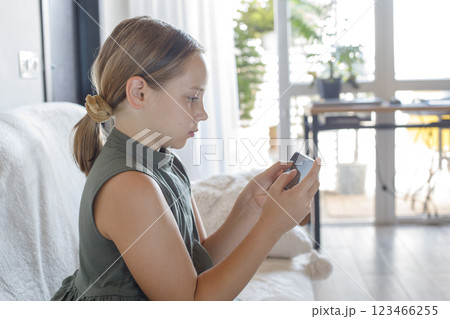 Pretty child holding smartphone indoor. Cute girl playing, learning or watching video  123466255