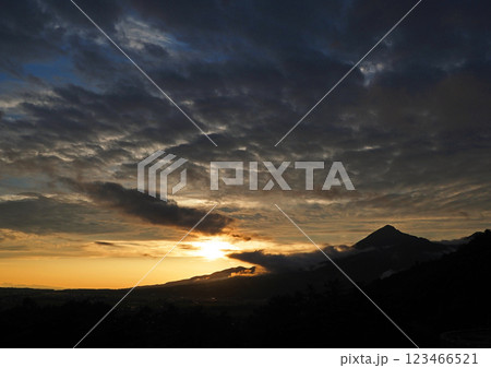 磐梯山のシルエットとオレンジ色に輝く夕日とのコントラストが印象的で綺麗だ。 磐梯山のシルエットとオレンジ色に輝く夕日とのコントラストが印象的で綺麗だ。 123466521
