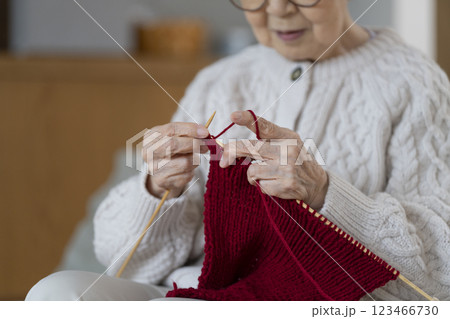 編み物をする80代の女性の手元 123466730