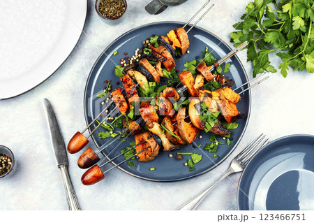 Sweet potato with mushrooms on skewers. Sweet potato with mushrooms on skewers. 123466751