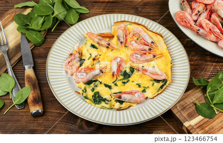 Delicious seafood omelette with shrimp. 123466754