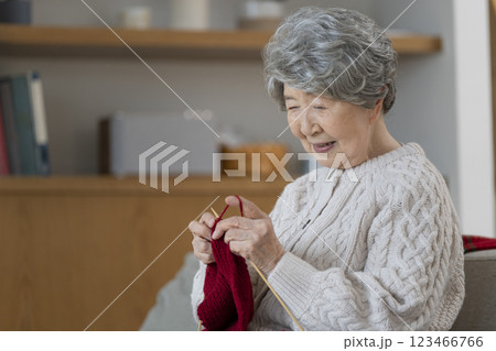 編み物をする80代の女性 123466766