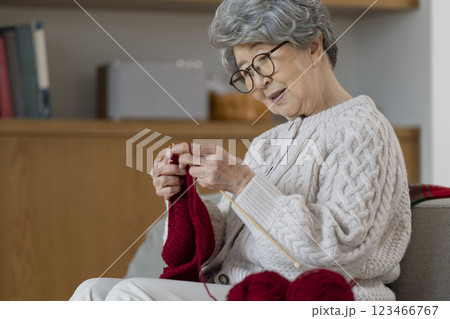 編み物をする80代の女性 123466767