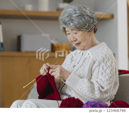 編み物をする80代の女性 編み物をする80代の女性 123466798