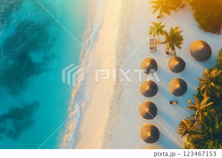Aerial view of umbrellas, palms on the sandy beach of Indian Ocean at sunset. Summer holiday in Zanzibar, Africa. Tropical landscape with palm trees, parasols, white sand, blue water, waves. Top view 123467153