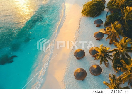 Aerial view of umbrellas, palms on the sandy beach of Indian Ocean at sunset. Summer holiday in Zanzibar, Africa. Tropical landscape with palm trees, parasols, white sand, blue water, waves. Top view 123467159