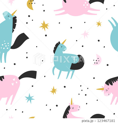 Seamless pattern with cute unicorns in a childish flat style. Perfect for wrapping paper, decorations, prints 123467181
