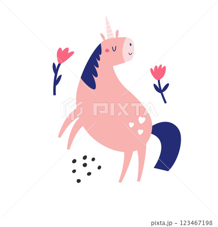 Vector illustration of cute unicorn in a childish flat style. Vector illustration of cute unicorn in a childish flat style. 123467198