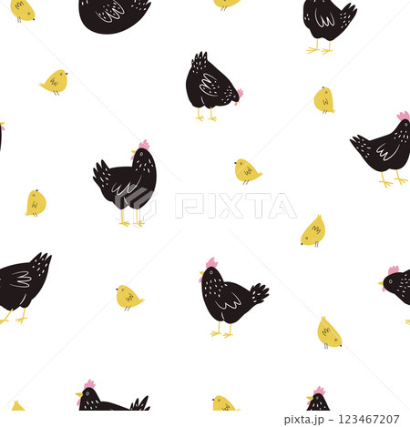Seamless pattern with funny chickens, cocks for wrapping paper, textile, fabric. Perfect for kitchen prints 123467207