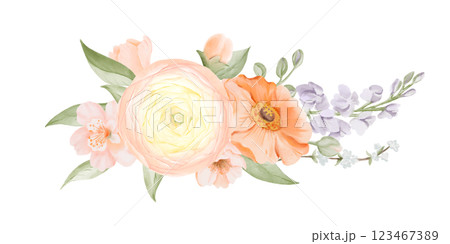 Spring Bouquet from Ranunculus, Poppy, Freesia and Peach or Cherry flowers. Watercolor hand drawn botanical illustration in pastel colors isolated on a white background. Floral art for cards, posters Spring Bouquet from Ranunculus, Poppy, Freesia and Peach or Cherry flowers. Watercolor hand drawn botanical illustration in pastel colors isolated on a white background. Floral art for cards, posters 123467389