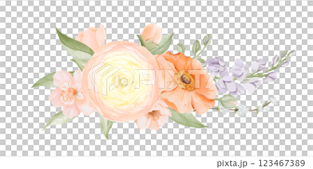 Spring Bouquet from Ranunculus, Poppy, Freesia and Peach or Cherry flowers. Watercolor hand drawn botanical illustration in pastel colors isolated on a white background. Floral art for cards, posters Spring Bouquet from Ranunculus, Poppy, Freesia and Peach or Cherry flowers. Watercolor hand drawn botanical illustration in pastel colors isolated on a white background. Floral art for cards, posters 123467389