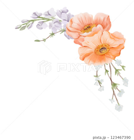 Corner Bouquet of Iceland Poppy Flowers with Freesia and Snow Willow Branches. Watercolor hand drawn floral illustration isolated on a white background. Botanical art for cards, posters, invitations 123467390