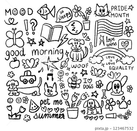 Hand drawn crayon outline illustrations of butterfly, fish, cat, puppy, bee, pride month flag, rainbow, watermelon, apple, book, heart, star, flowers, car for kid colouring book, cartoon, animals 123467532