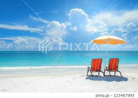 Beach chairs on the white sand beach with cloudy blue sky and sun 123467993