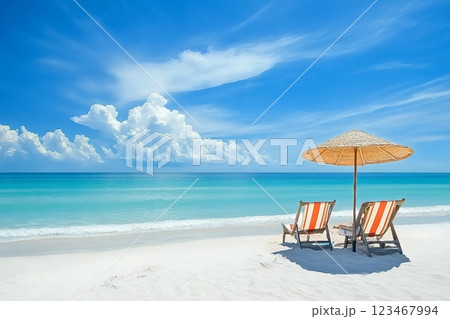 Beach chairs on the white sand beach with cloudy blue sky and sun Beach chairs on the white sand beach with cloudy blue sky and sun 123467994