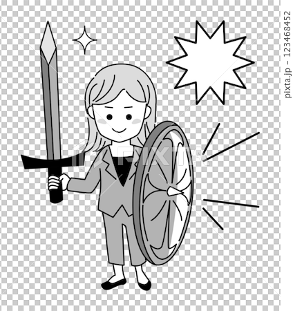 剣と盾を持って戦う女性【ビジネスウーマン】のシンプルなベクターイラスト素材 123468452