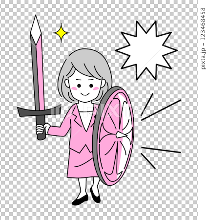 剣と盾を持って戦う女性【ビジネスウーマン】のシンプルなベクターイラスト素材 123468458