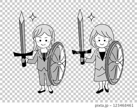 剣と盾を持って戦う女性【ビジネスウーマン】のシンプルなベクターイラスト素材 123468461