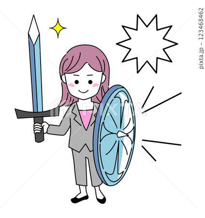剣と盾を持って戦う女性【ビジネスウーマン】のシンプルなベクターイラスト素材 123468462