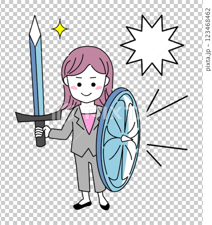 剣と盾を持って戦う女性【ビジネスウーマン】のシンプルなベクターイラスト素材 123468462