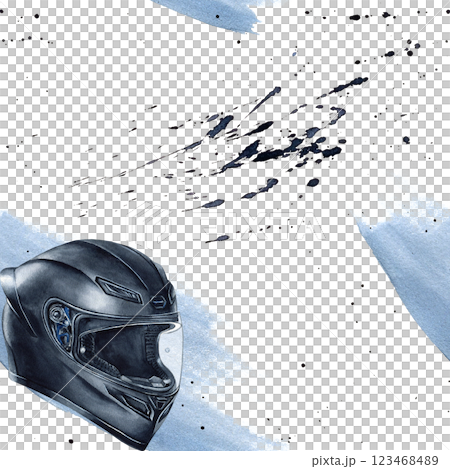 Motorcyclist helmet seamless pattern on blue watercolor spot, splashes. Crash helmet for biker. Moto gear. Illustration isolated from background. For packaging merchandise in motorbike shop, textile 123468489
