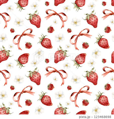 Cute strawberry with red ribbon bow. Watercolor food seamless pattern on white background for delicious summer fabric, kitchen table textile, pretty wrapping paper, food or cosmetic package, valentine Cute strawberry with red ribbon bow. Watercolor food seamless pattern on white background for delicious summer fabric, kitchen table textile, pretty wrapping paper, food or cosmetic package, valentine 123468698