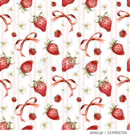 Cute strawberries and red ribbon bows. Watercolor pink striped food seamless pattern on white background for delicious summer fabric, kitchen table textile, pretty wrapping paper, food or cosmetic pac Cute strawberries and red ribbon bows. Watercolor pink striped food seamless pattern on white background for delicious summer fabric, kitchen table textile, pretty wrapping paper, food or cosmetic pac 123468700