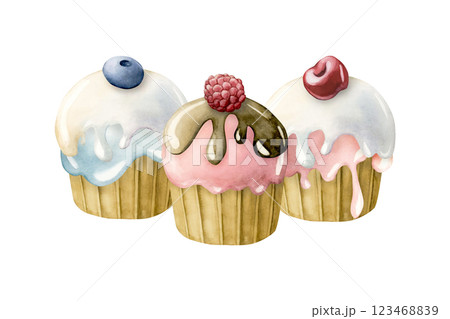 Cute cupcakes with berry fruits. Watercolor hand painted food illustration isolated on white background for kids birthday, baby shower party, nursery clothes fabric, textile, confectionery, bakery Cute cupcakes with berry fruits. Watercolor hand painted food illustration isolated on white background for kids birthday, baby shower party, nursery clothes fabric, textile, confectionery, bakery 123468839