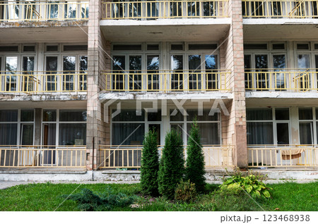 Facade of an old building. Soviet-era apartment building. Facade of an old building. Soviet-era apartment building. 123468938