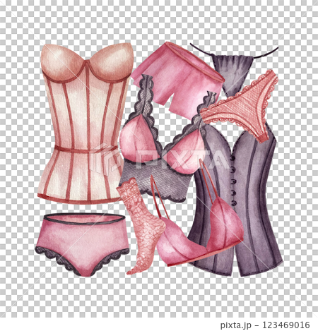 Pink purple lingerie, lace socks, women pyjamas. Watercolor illustration isolated from background. For logo, leaflets and booklets, postcards, packaging in underwear stores 123469016